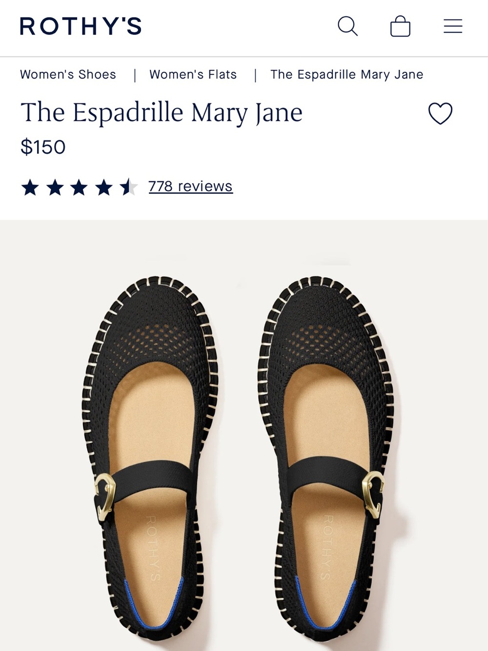 Rothy's The Espadrille Mary Jane — Black with Gold Buckle NWT